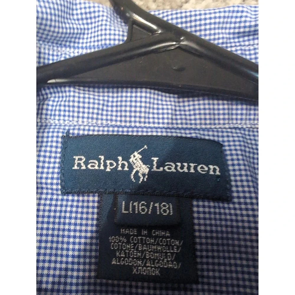 Ralph Lauren Kids Blue Gingham Check Button‎ Shirt Long Sleeve Polo Pony L 16